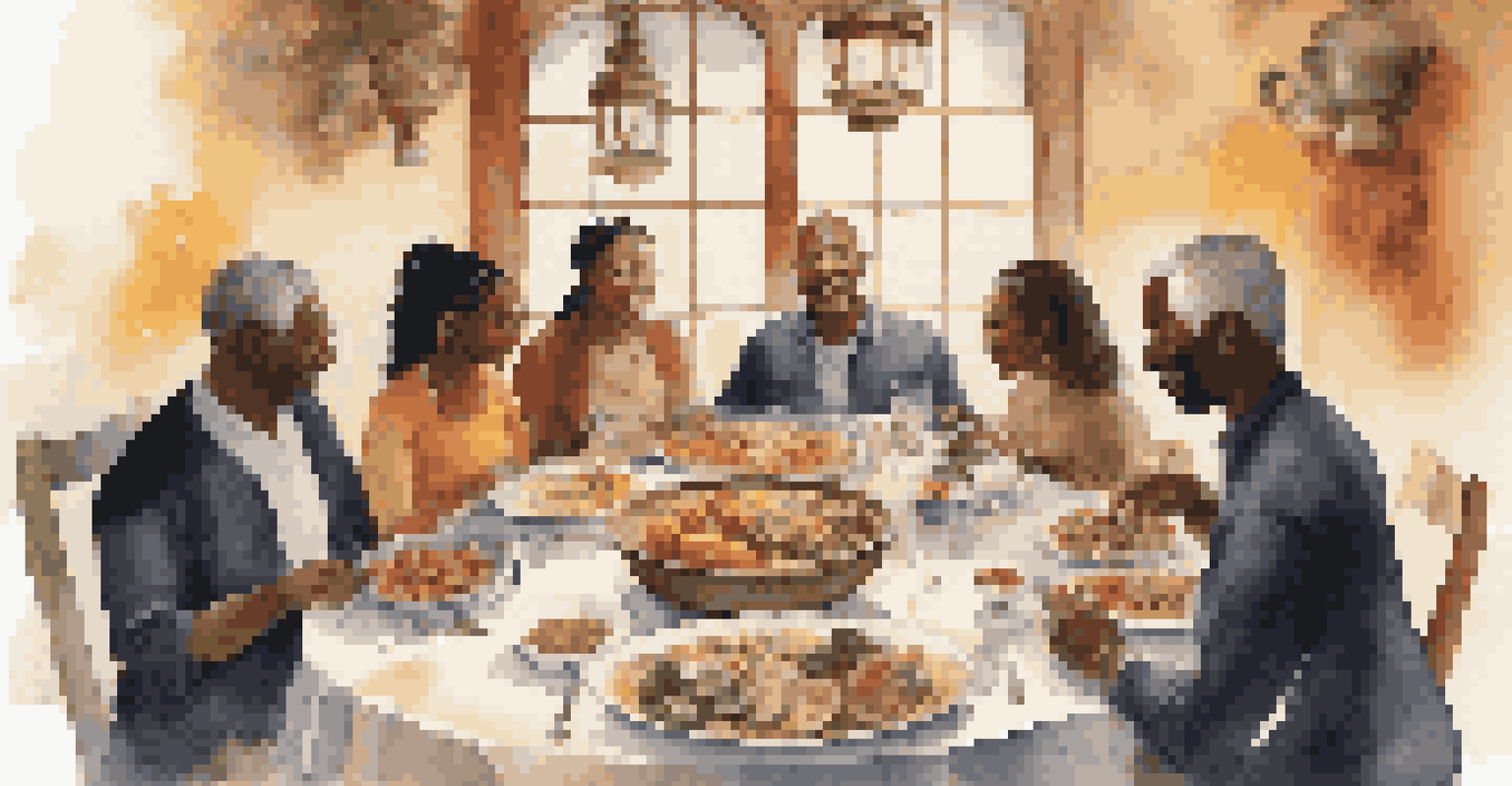 A diverse group of individuals sharing a meal together at a beautifully set table filled with traditional dishes, symbolizing relationship-building before negotiation.