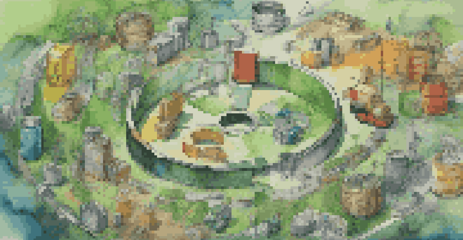 An abstract illustration of a circular supply chain with arrows around recycled materials and biodegradable packaging.