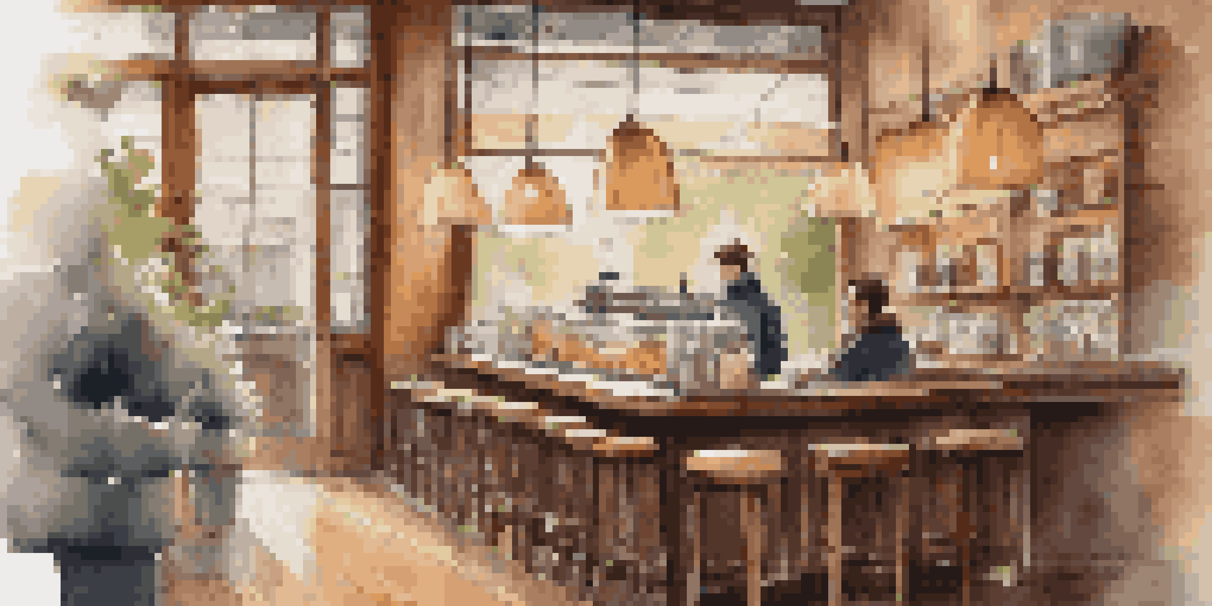 A warm and inviting coffee shop with a barista making a cappuccino and a customer reading at a table on a rainy day.