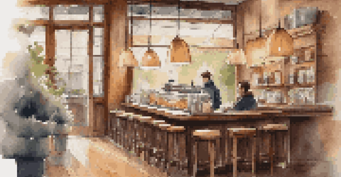 A warm and inviting coffee shop with a barista making a cappuccino and a customer reading at a table on a rainy day.