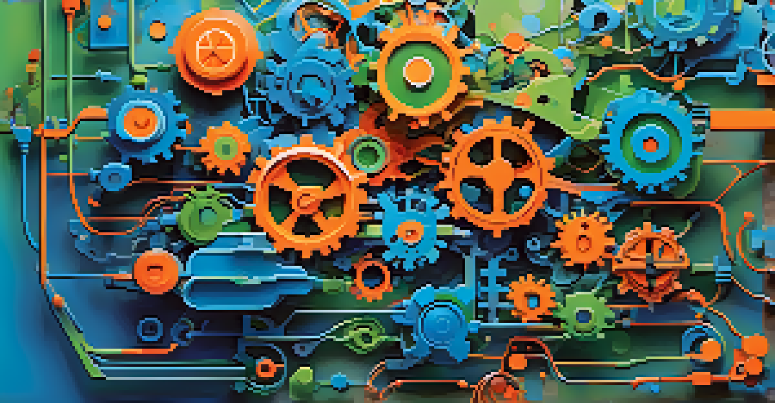 An abstract image depicting AI integration in CRM with gears and digital data elements in vibrant colors.
