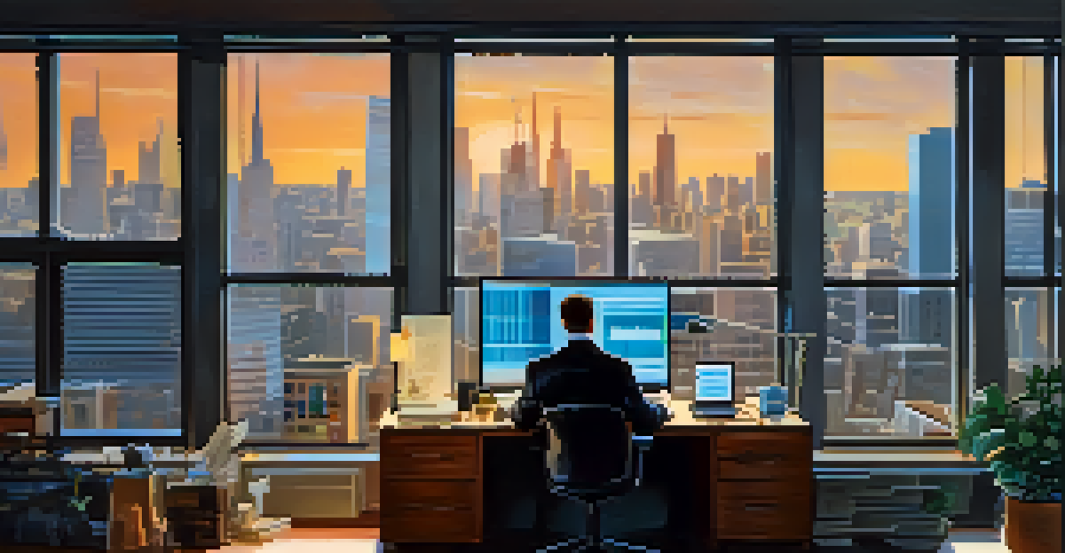 A financial analyst working on a laptop with graphs and charts, surrounded by reports and a city view.