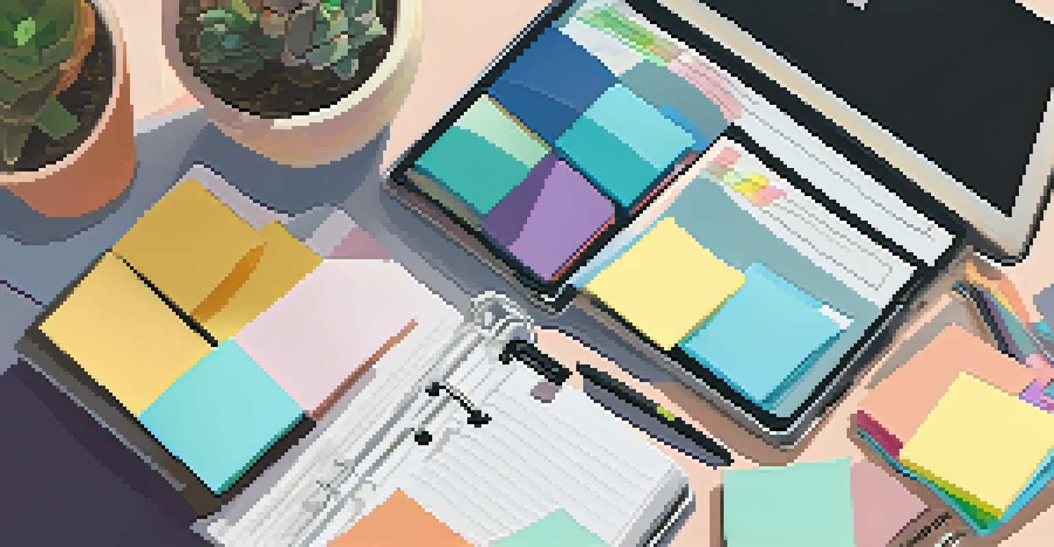 A close-up of a person writing in a planner surrounded by colorful sticky notes and a laptop in a neatly organized workspace.