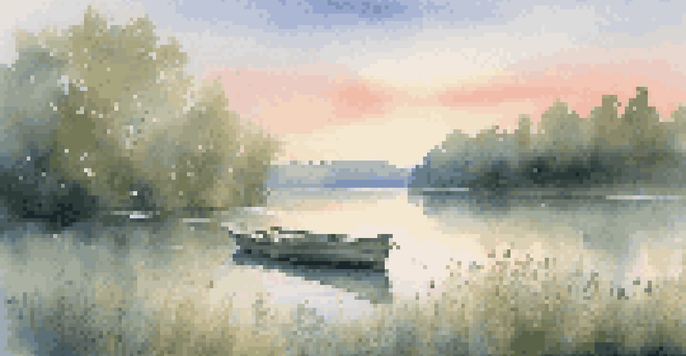 A peaceful lake at sunrise with a wooden boat anchored and surrounding greenery.
