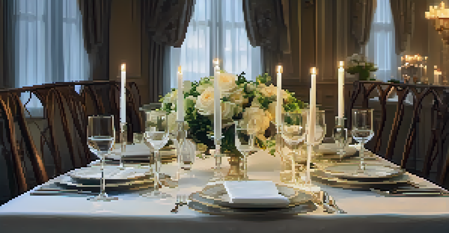An elegantly set dining table with gourmet dishes, candles, and flowers.
