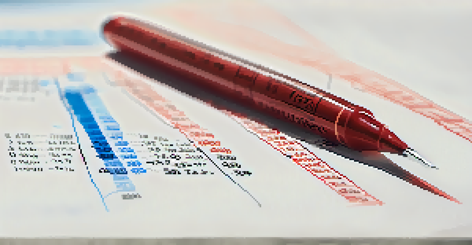 A close-up view of a balance sheet featuring highlighted figures and handwritten annotations, with a red pen resting nearby, against a blurred background.