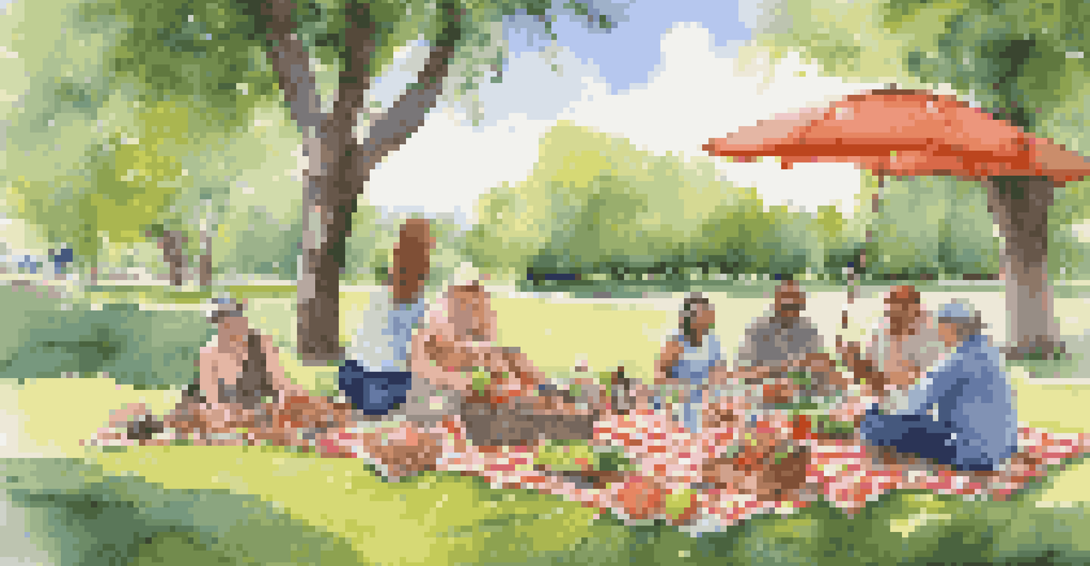An outdoor picnic with a checkered blanket and various foods in a green park under a blue sky.