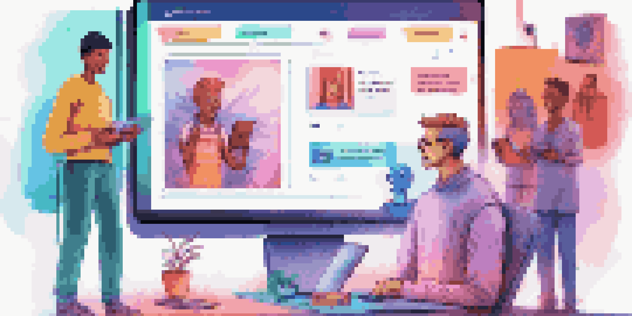A colorful chatbot interface on a website, interacting with diverse users on laptops and smartphones in a modern workspace.