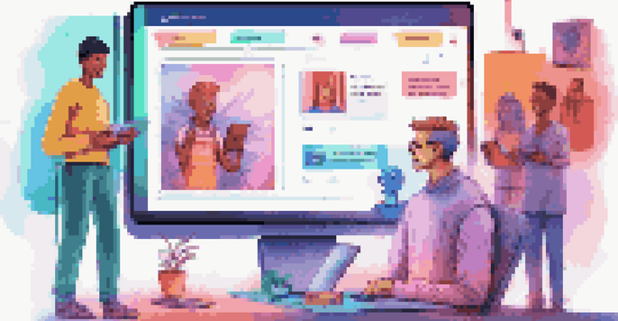 A colorful chatbot interface on a website, interacting with diverse users on laptops and smartphones in a modern workspace.