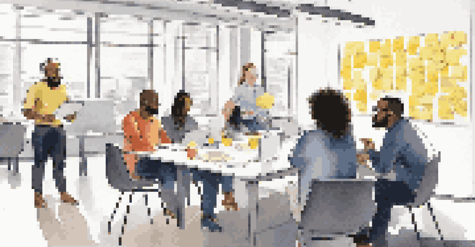 A diverse team collaborating in a bright office setting with laptops and sticky notes.