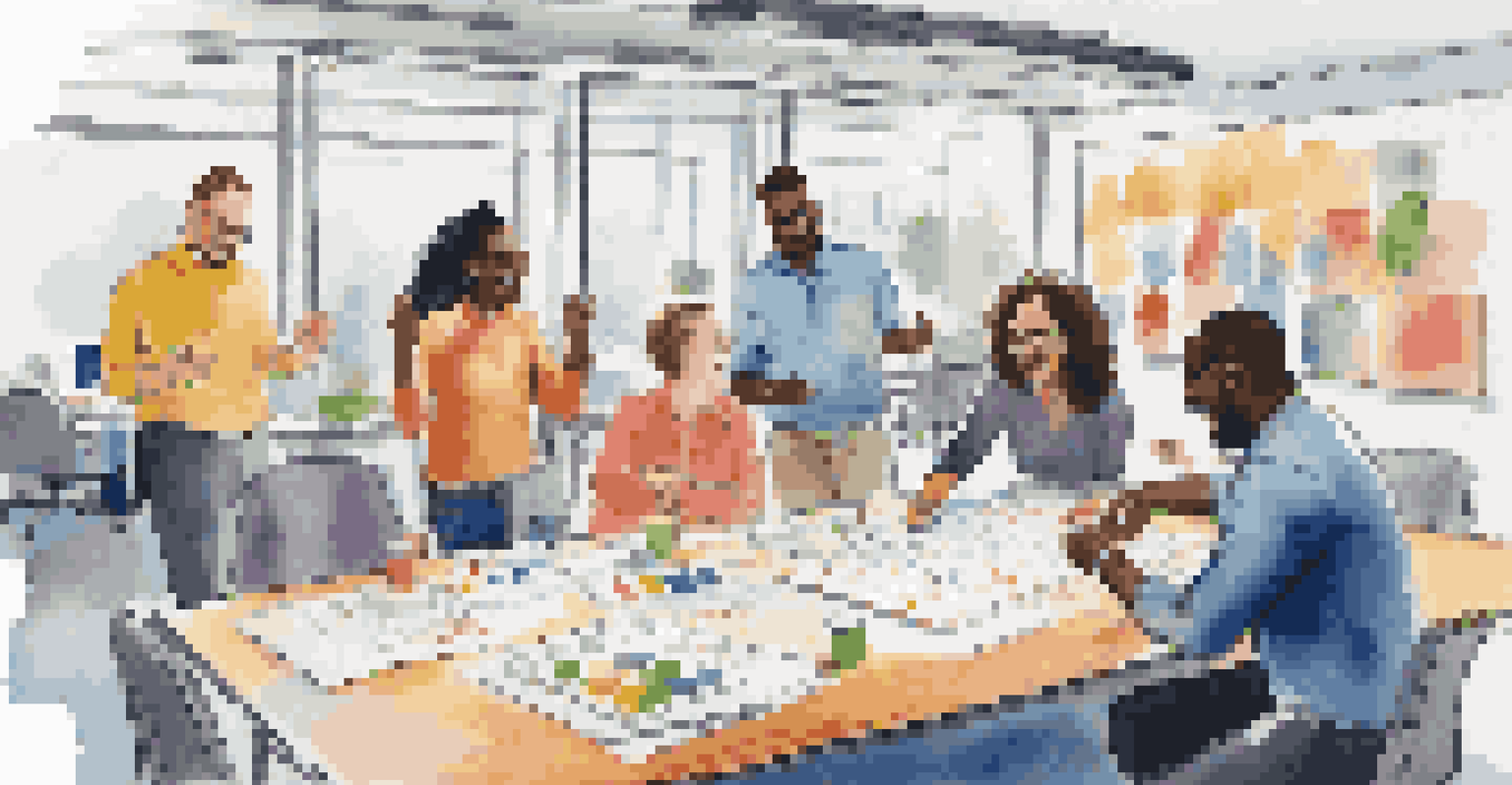 A diverse group of employees collaborating during a team-building activity in a vibrant office setting.