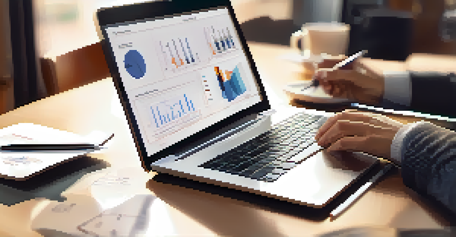 Close-up view of hands on a laptop, reviewing a business impact analysis document with graphs, a cup of coffee, and a notepad on the desk.