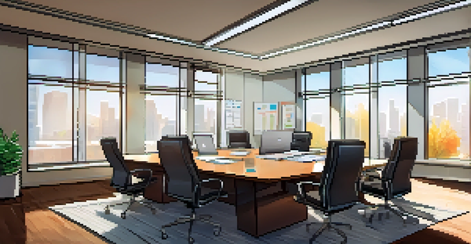 An office with a wooden conference table, chairs, and sunlight coming through windows. Legal documents and a laptop are on the table, with a flowchart on the whiteboard in the background.