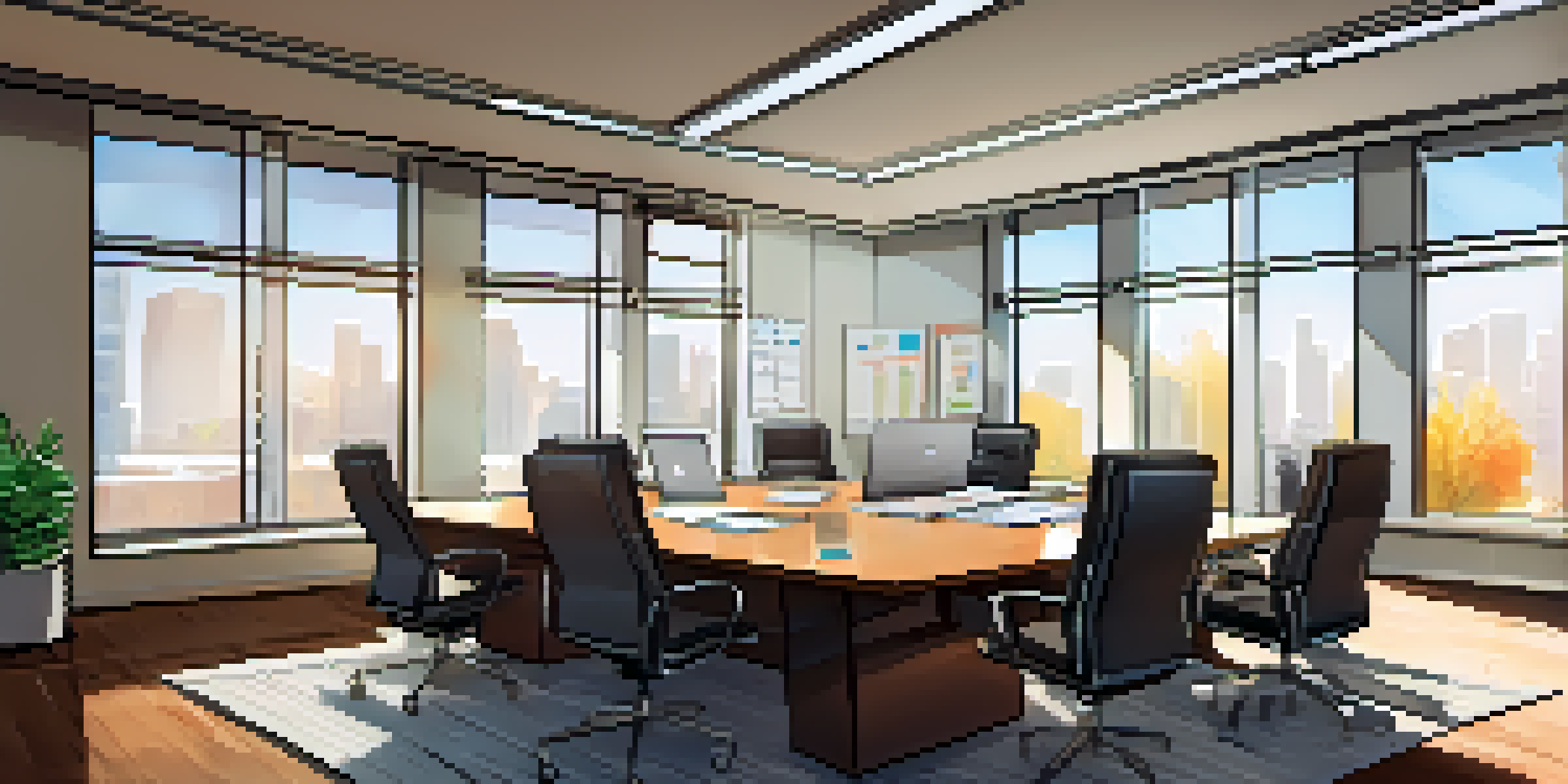 An office with a wooden conference table, chairs, and sunlight coming through windows. Legal documents and a laptop are on the table, with a flowchart on the whiteboard in the background.