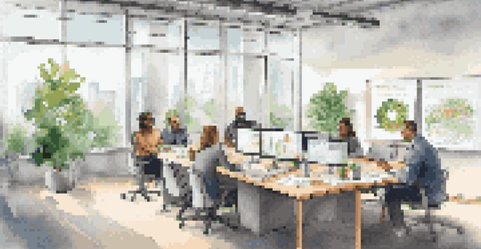 A diverse team working together in a bright corporate office, discussing sustainability initiatives.