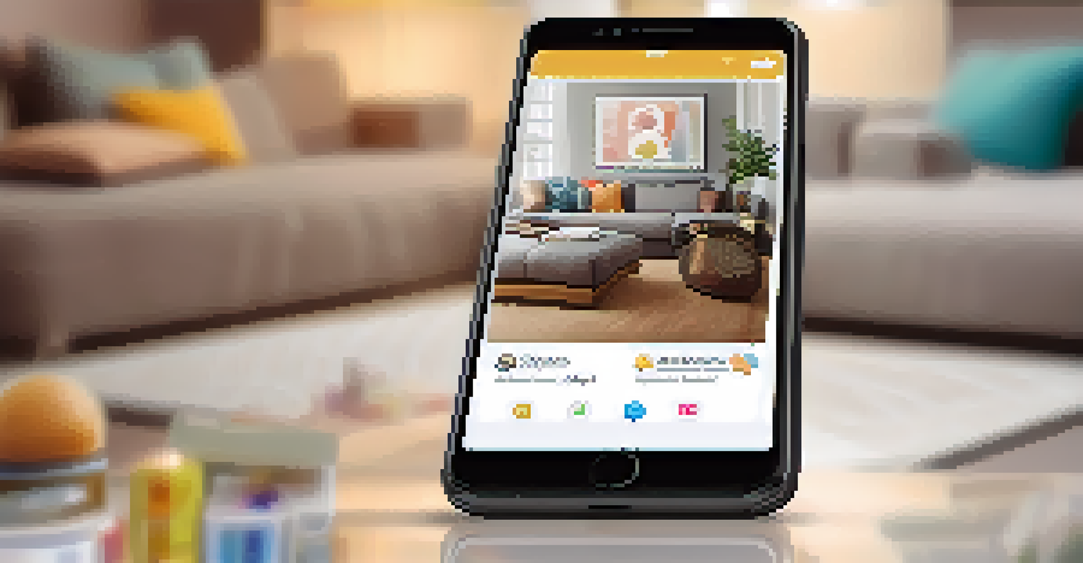 A smartphone showing a shopping app with product images and a shopping cart in a blurred living room background.
