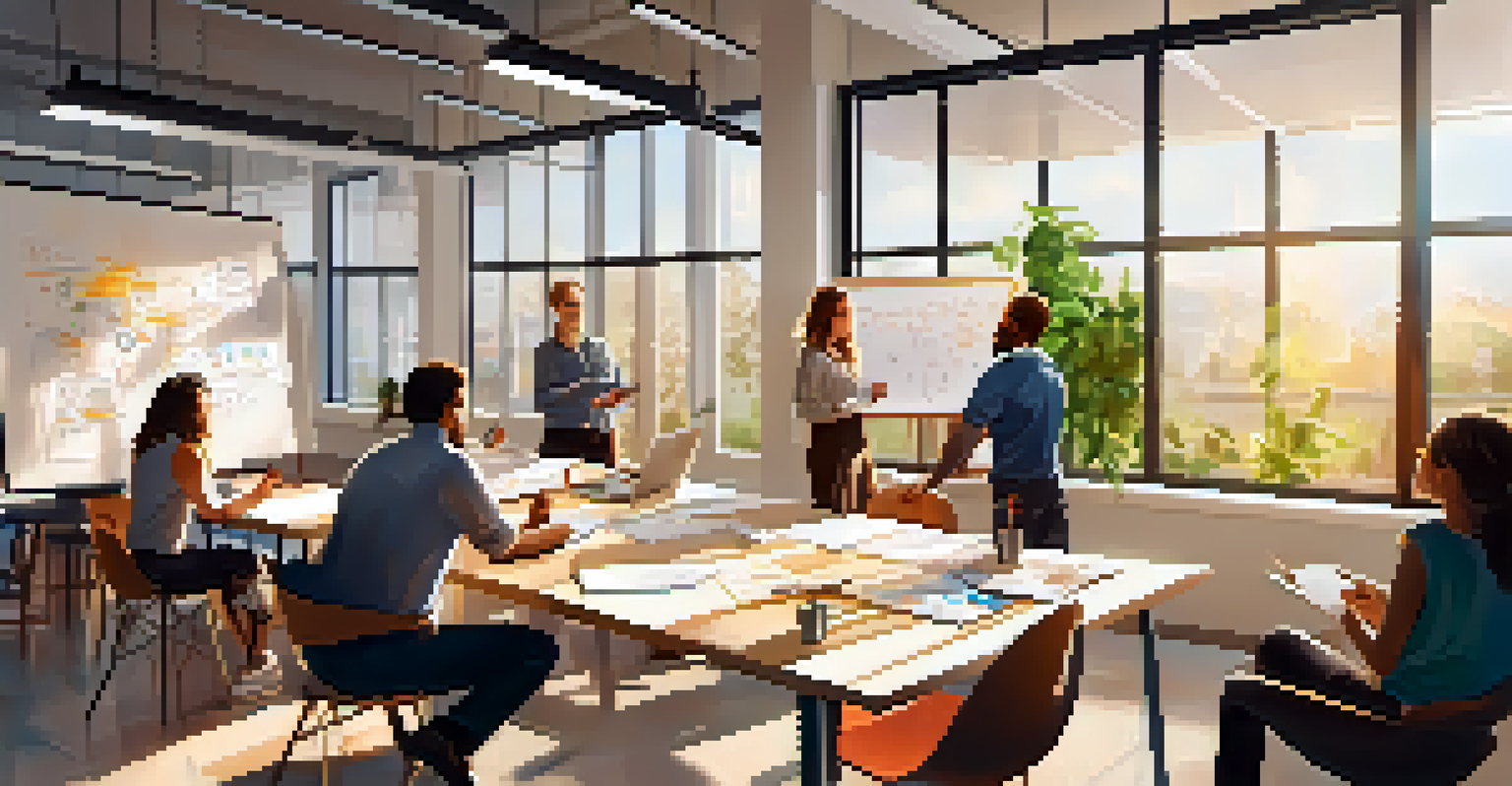 A vibrant office scene with team members collaborating on a project, emphasizing a growth mindset with sunlight streaming through windows.