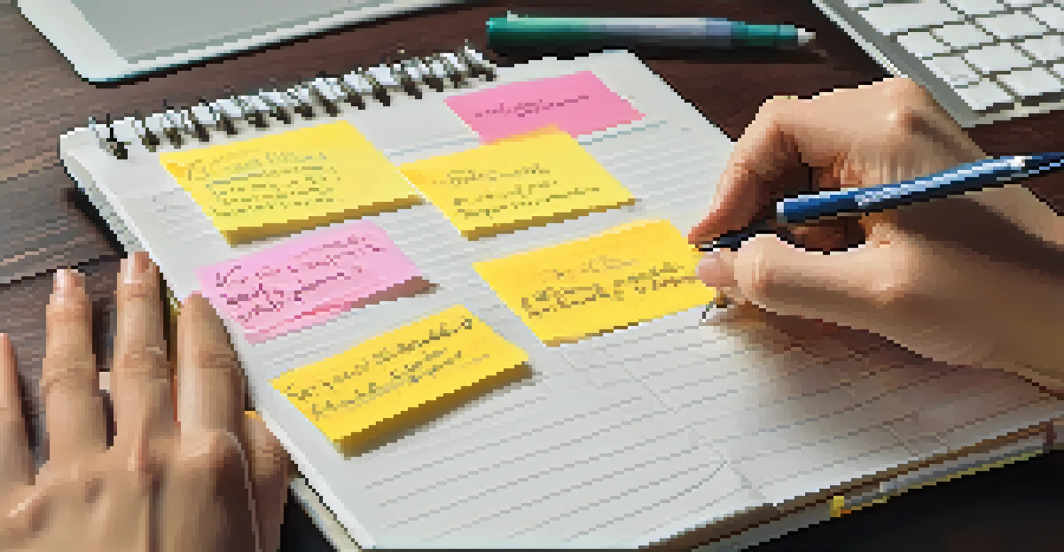 A hand writing organized notes on a notepad with a blurred laptop and sticky notes in the background.