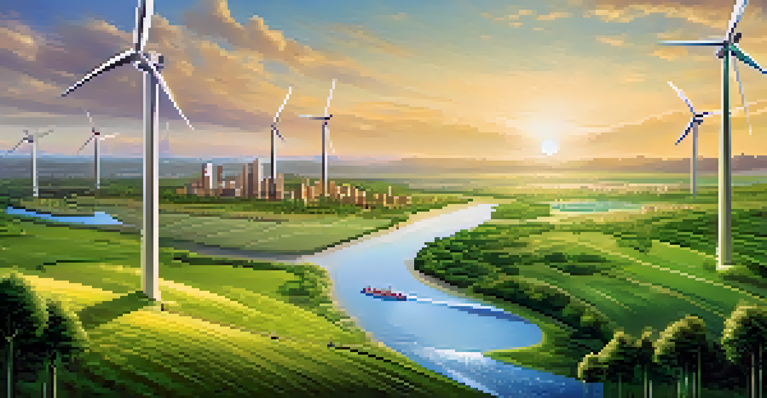 A landscape showcasing sustainability, with solar panels and wind turbines in a green field, and a futuristic city skyline with eco-friendly buildings.