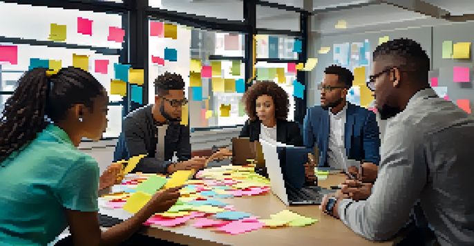 A diverse group of individuals collaborating over a table with sticky notes and laptops, showcasing focus and teamwork.