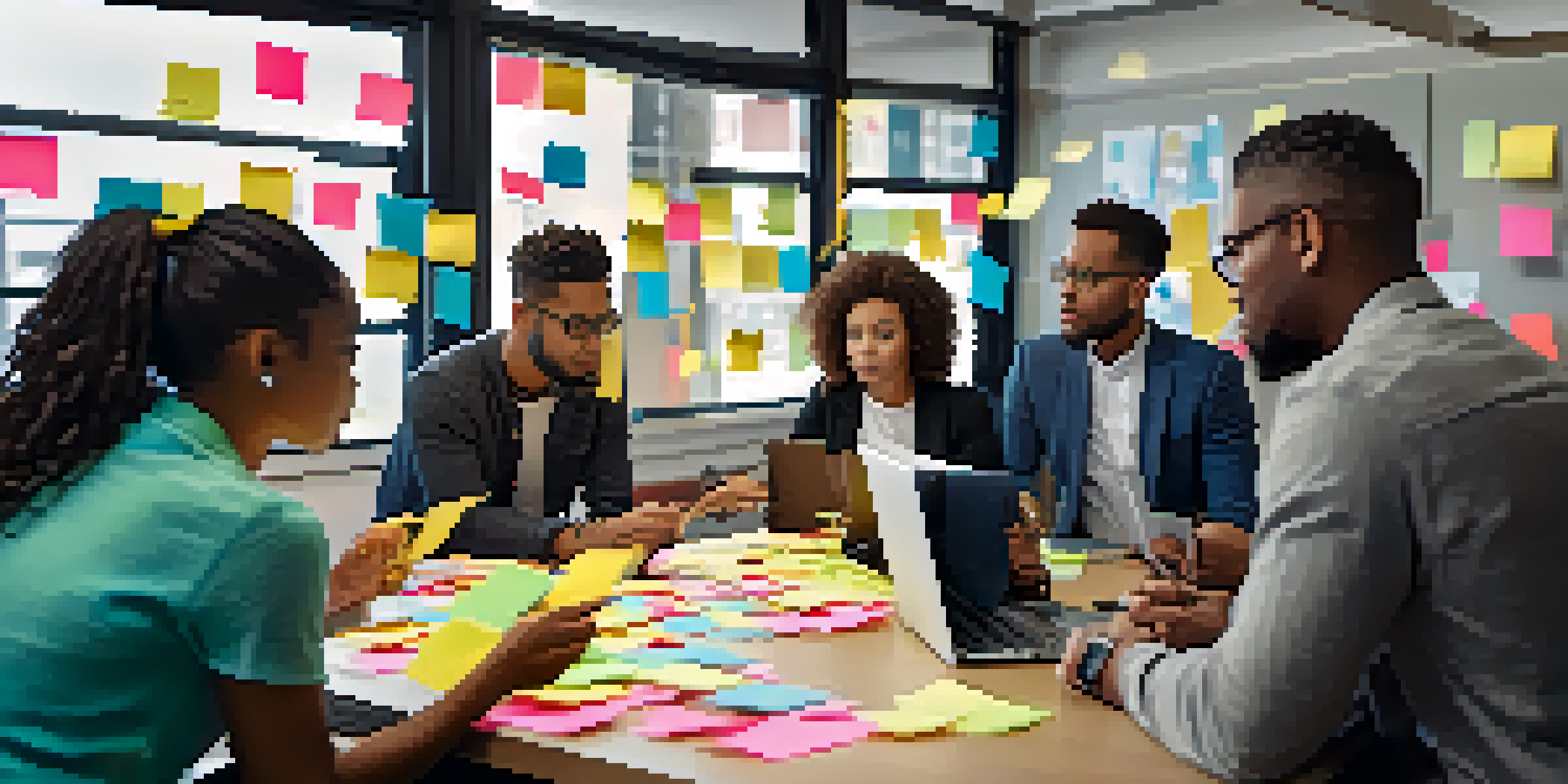 A diverse group of individuals collaborating over a table with sticky notes and laptops, showcasing focus and teamwork.