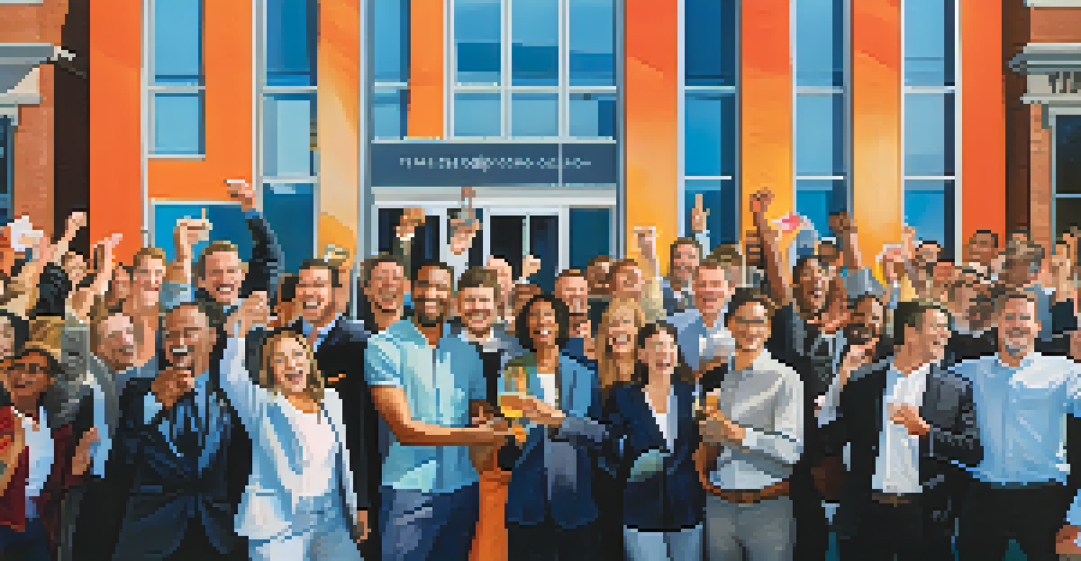 A group of diverse entrepreneurs joyfully celebrating in front of a building after securing funding.