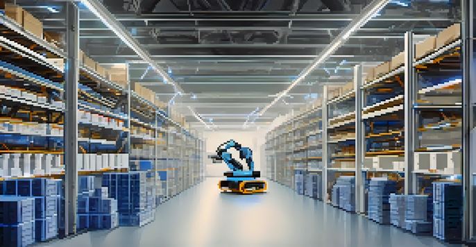 An interior view of a high-tech warehouse with robotic arms and automated shelves, brightly lit with a modern design.