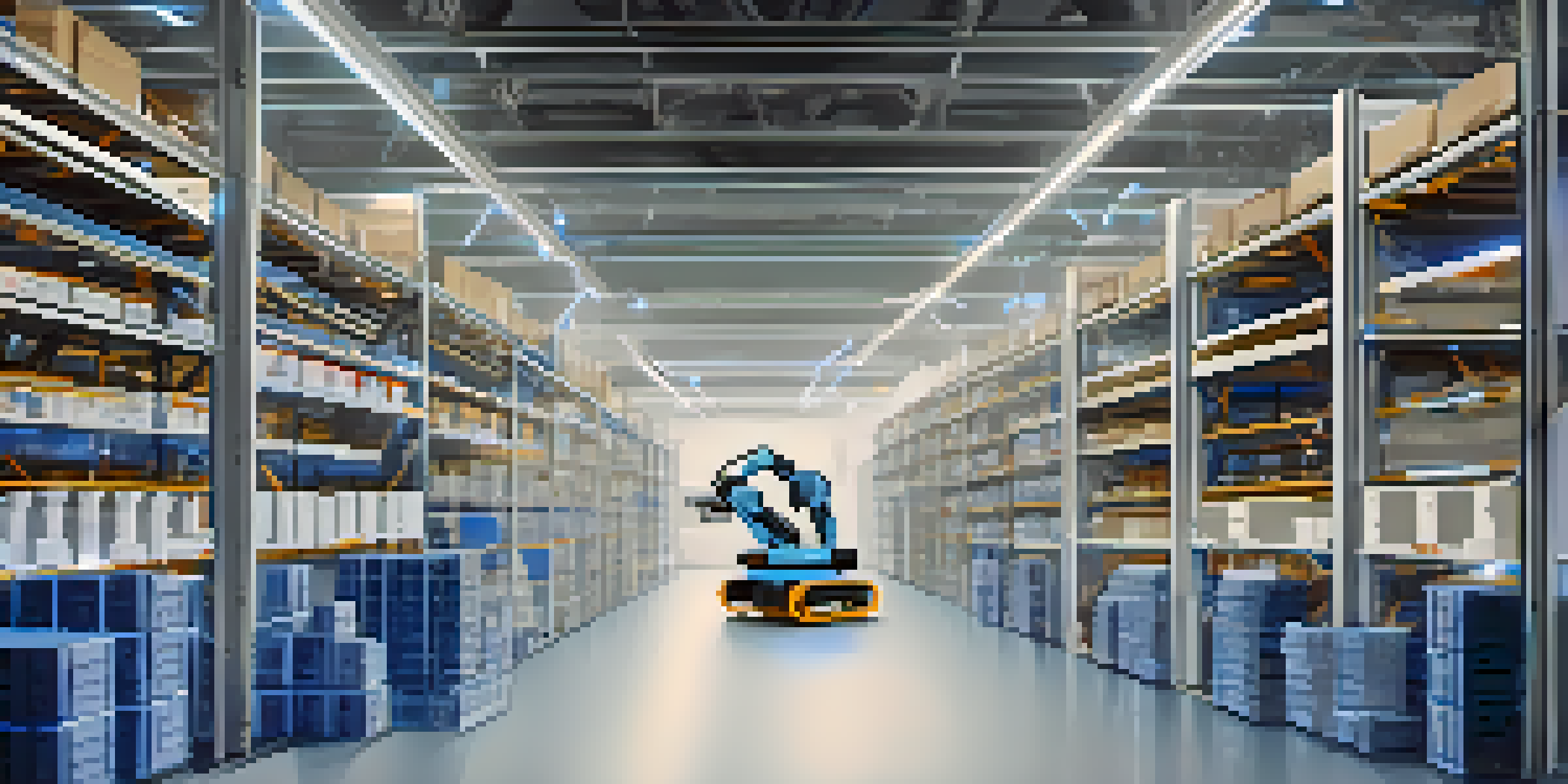 An interior view of a high-tech warehouse with robotic arms and automated shelves, brightly lit with a modern design.