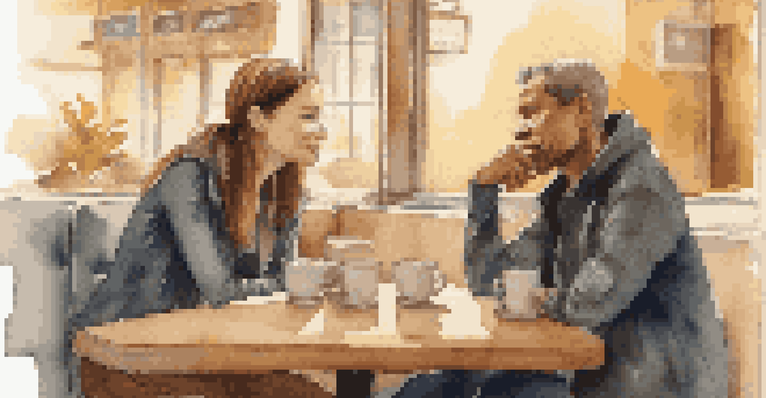 Two individuals having an empathetic conversation in a cozy coffee shop, with one listening intently.