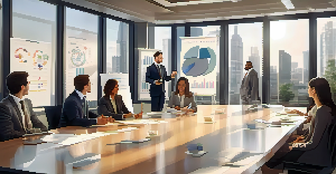 A diverse group of business professionals engaged in a meeting in a modern office with natural light and presentation materials.