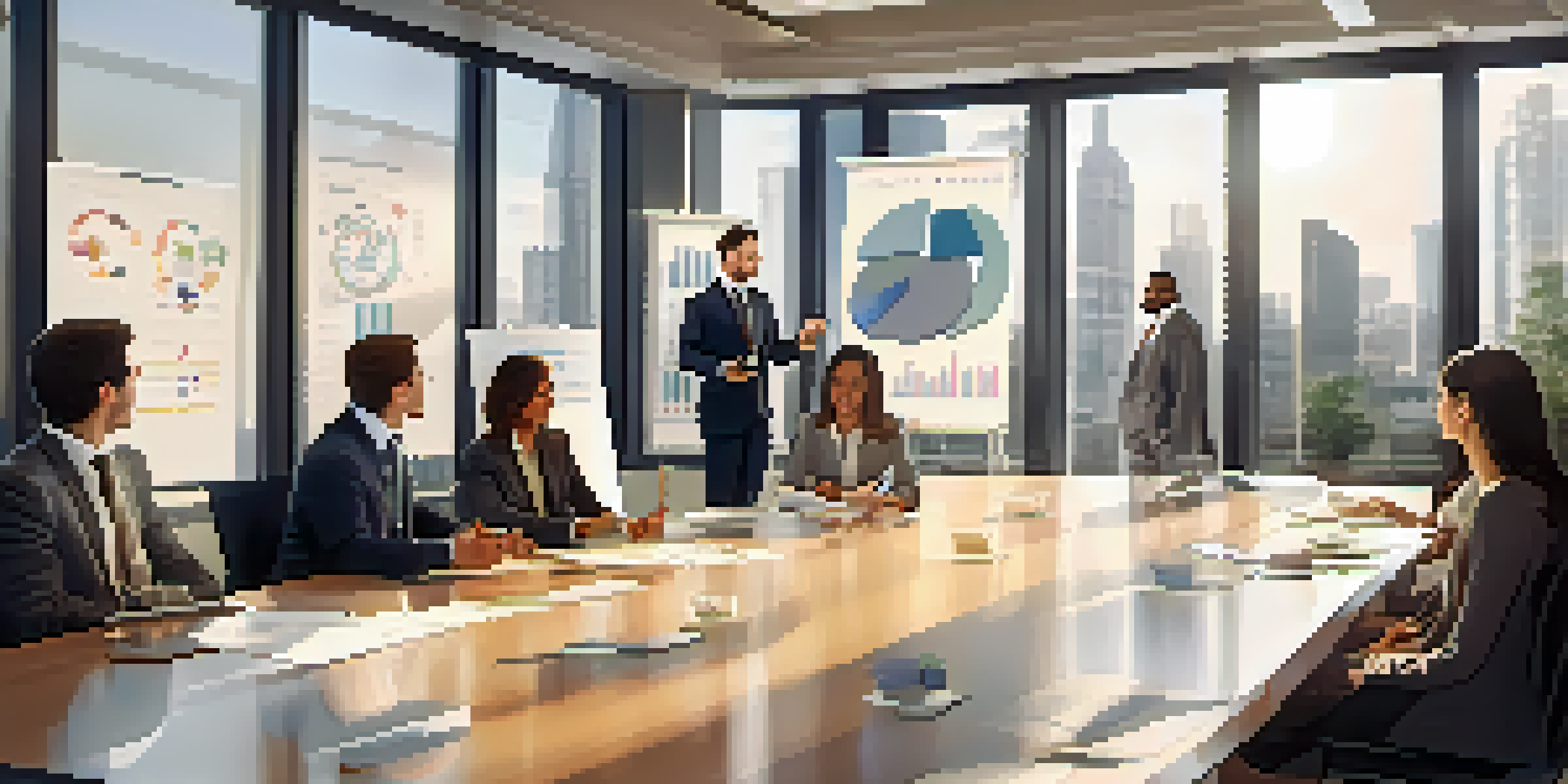 A diverse group of business professionals engaged in a meeting in a modern office with natural light and presentation materials.