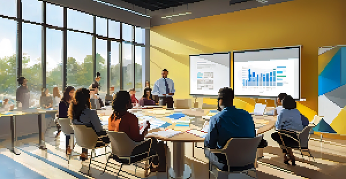 A diverse group of retail staff engaged in a collaborative workshop in a well-lit training room with colorful materials.