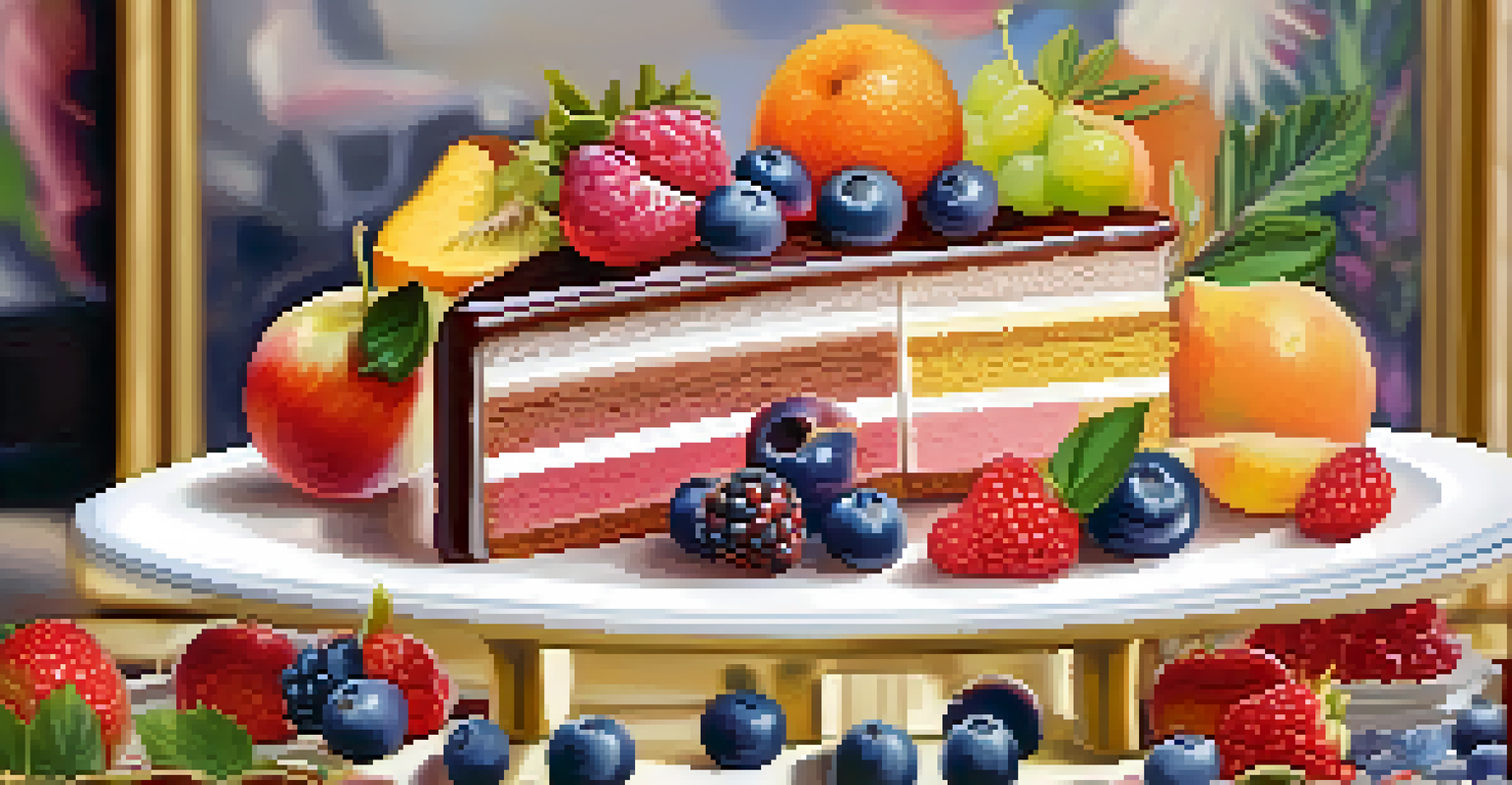 An artistic multi-layered cake representing different aspects of a win-win negotiation, decorated with fruits and flowers.
