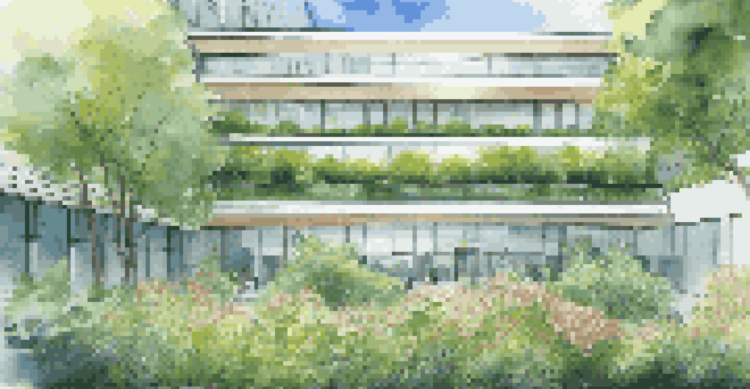 An office building with a green wall and garden, surrounded by trees under a clear blue sky, creating a serene outdoor atmosphere.