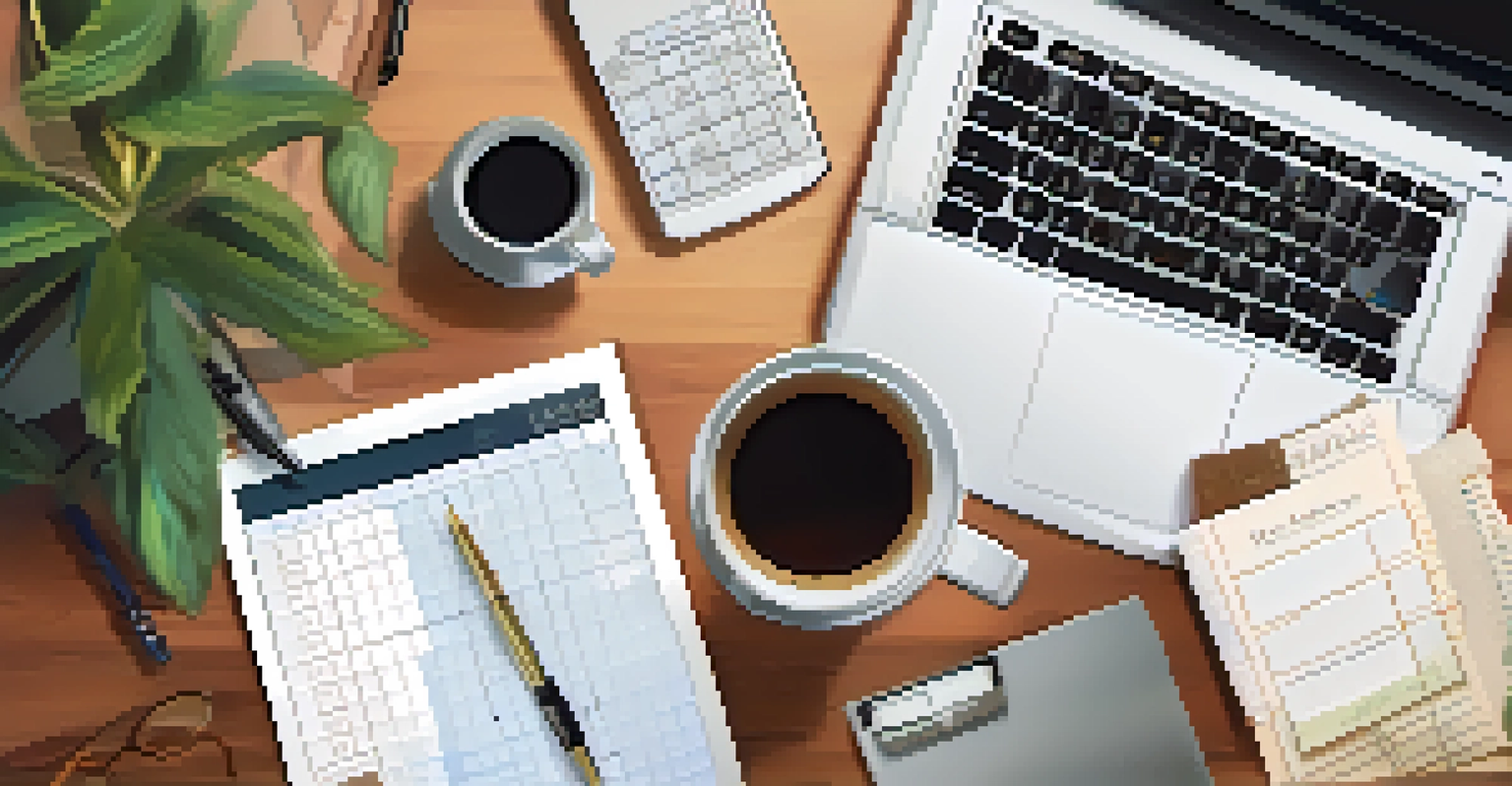 An overhead view of a workspace with a calculator, notepad, coffee cup, and laptop, creating a productive atmosphere.