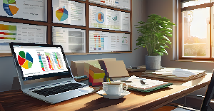 A bright and organized office space featuring a wooden table with financial documents, a laptop showing a pie chart, a calculator, and a coffee cup, with natural light from windows.