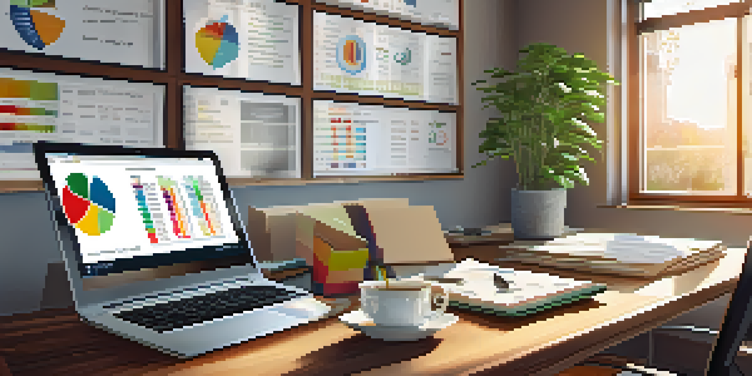 A bright and organized office space featuring a wooden table with financial documents, a laptop showing a pie chart, a calculator, and a coffee cup, with natural light from windows.