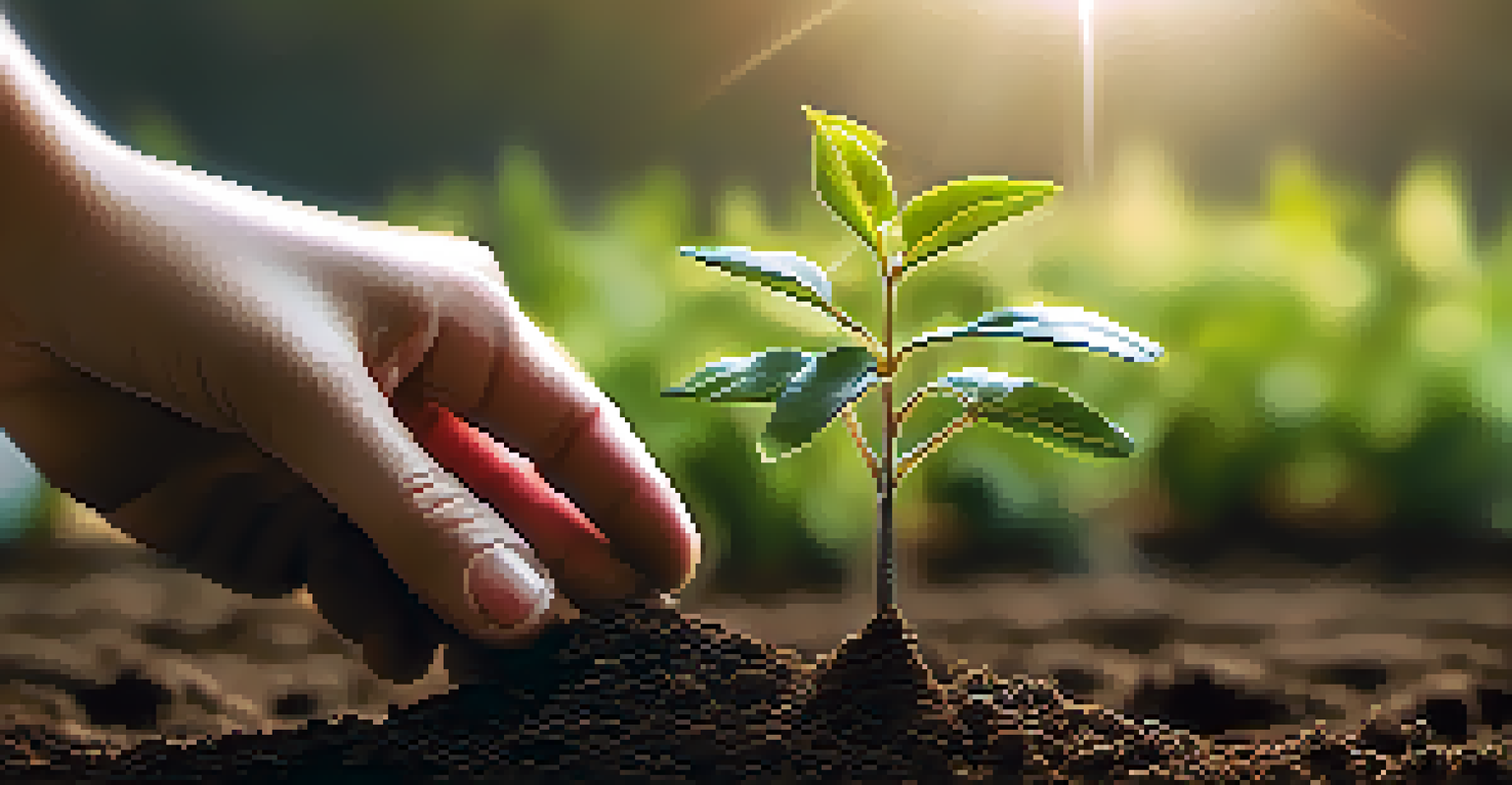 A hand planting a small tree in soil, symbolizing growth and nurturing in change management.