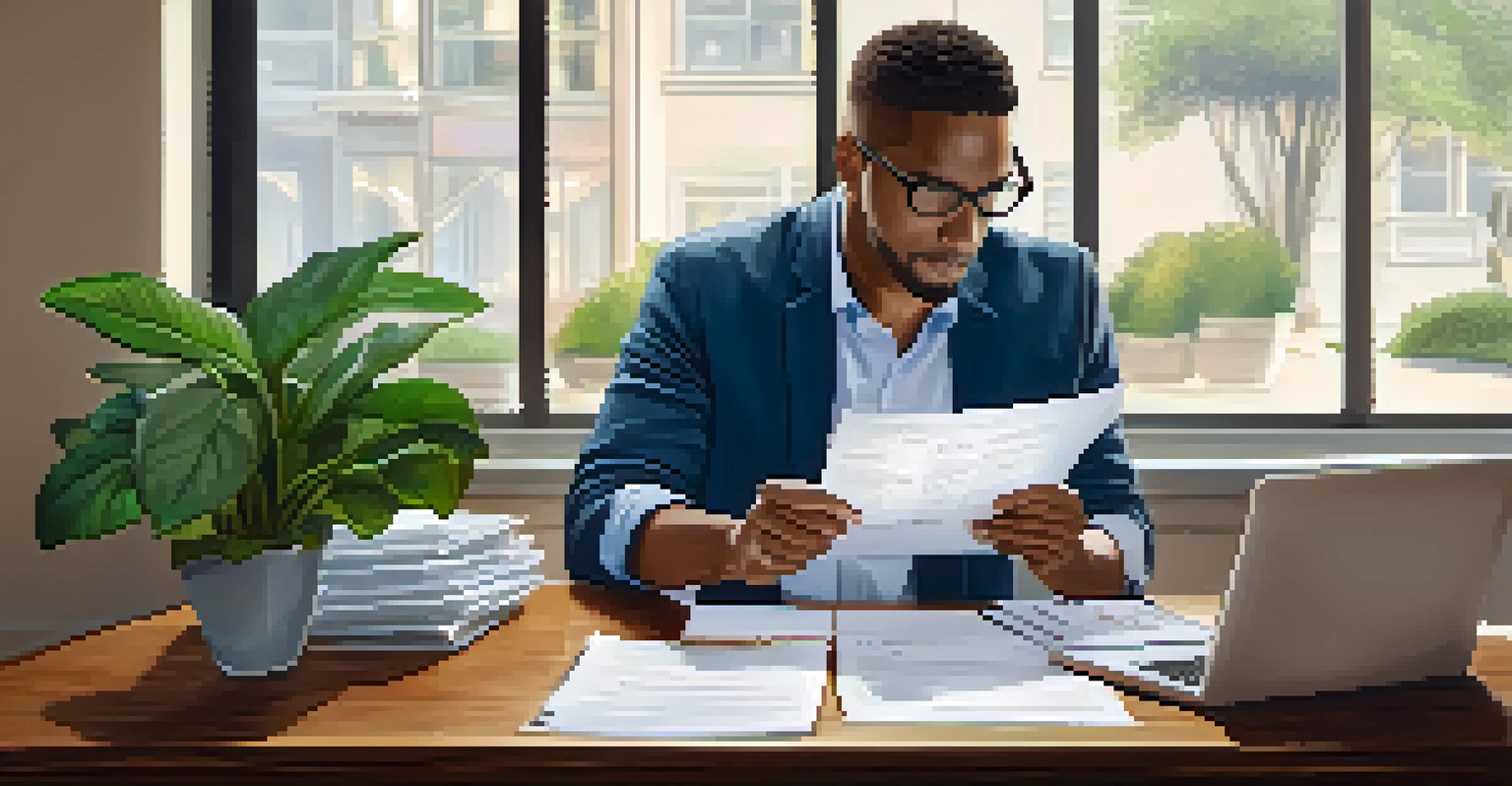 A close-up of a business owner reviewing documents on a wooden desk, with a laptop and coffee mug, highlighting the importance of organization in business.