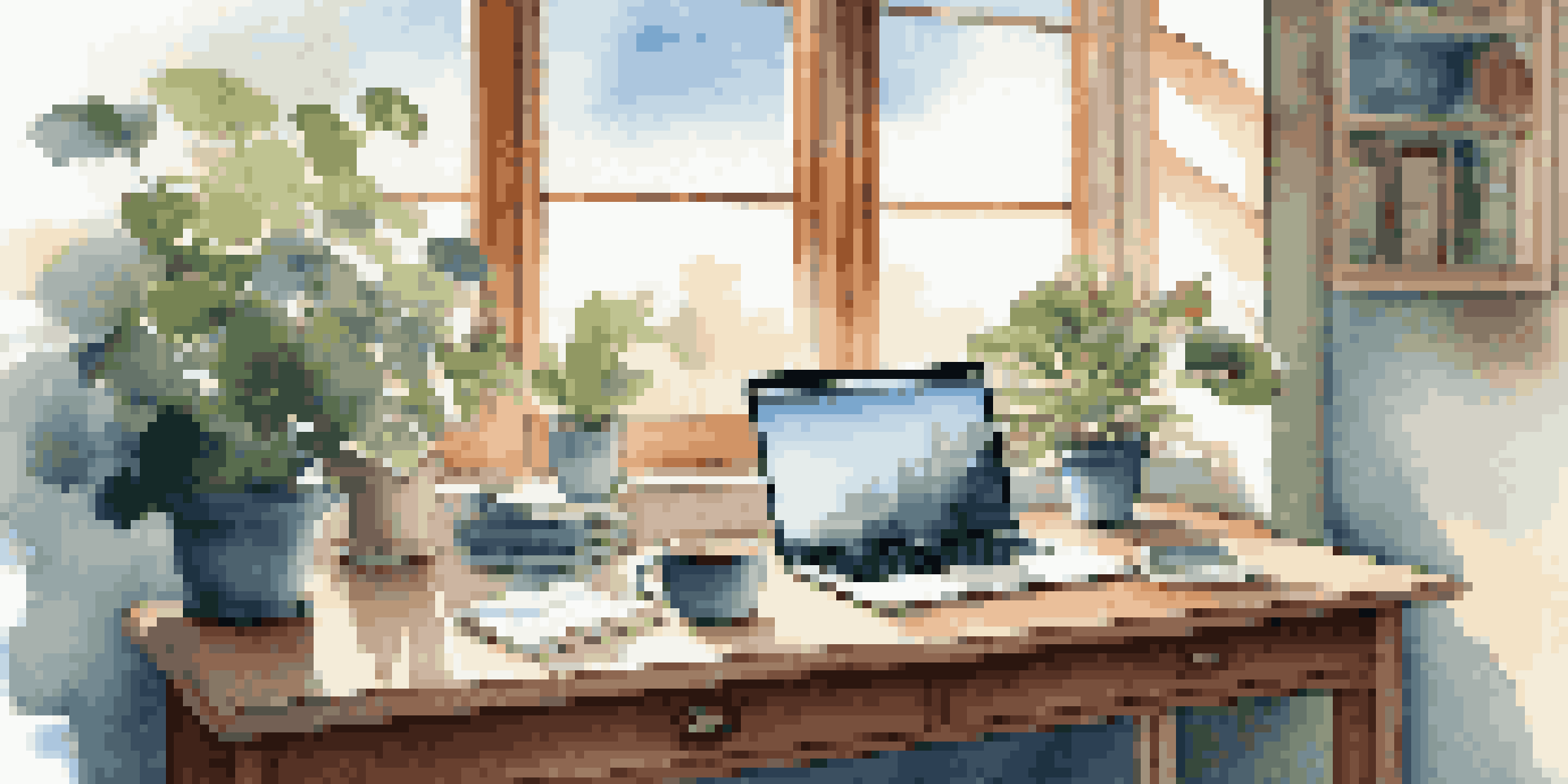 A modern desk with a laptop displaying a cloud storage interface, sunlight streaming through a window, and a potted plant.