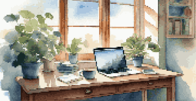 A modern desk with a laptop displaying a cloud storage interface, sunlight streaming through a window, and a potted plant.