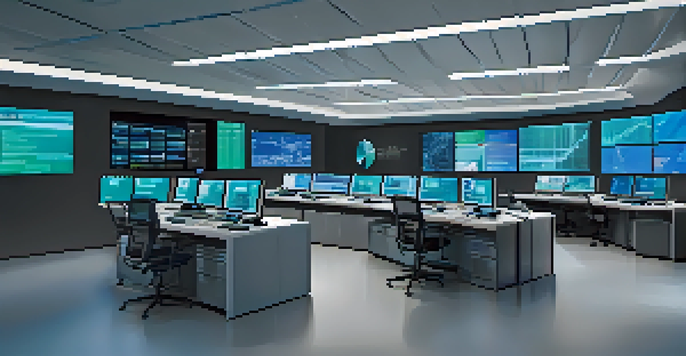 A modern control room with large screens showing supply chain data, equipped with diverse professionals working together.