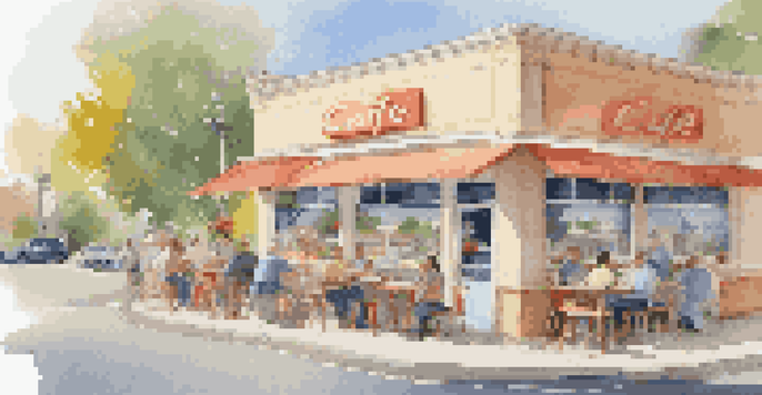 A busy café with a drive-thru service on a sunny day, people interacting at the window and others sitting outside.