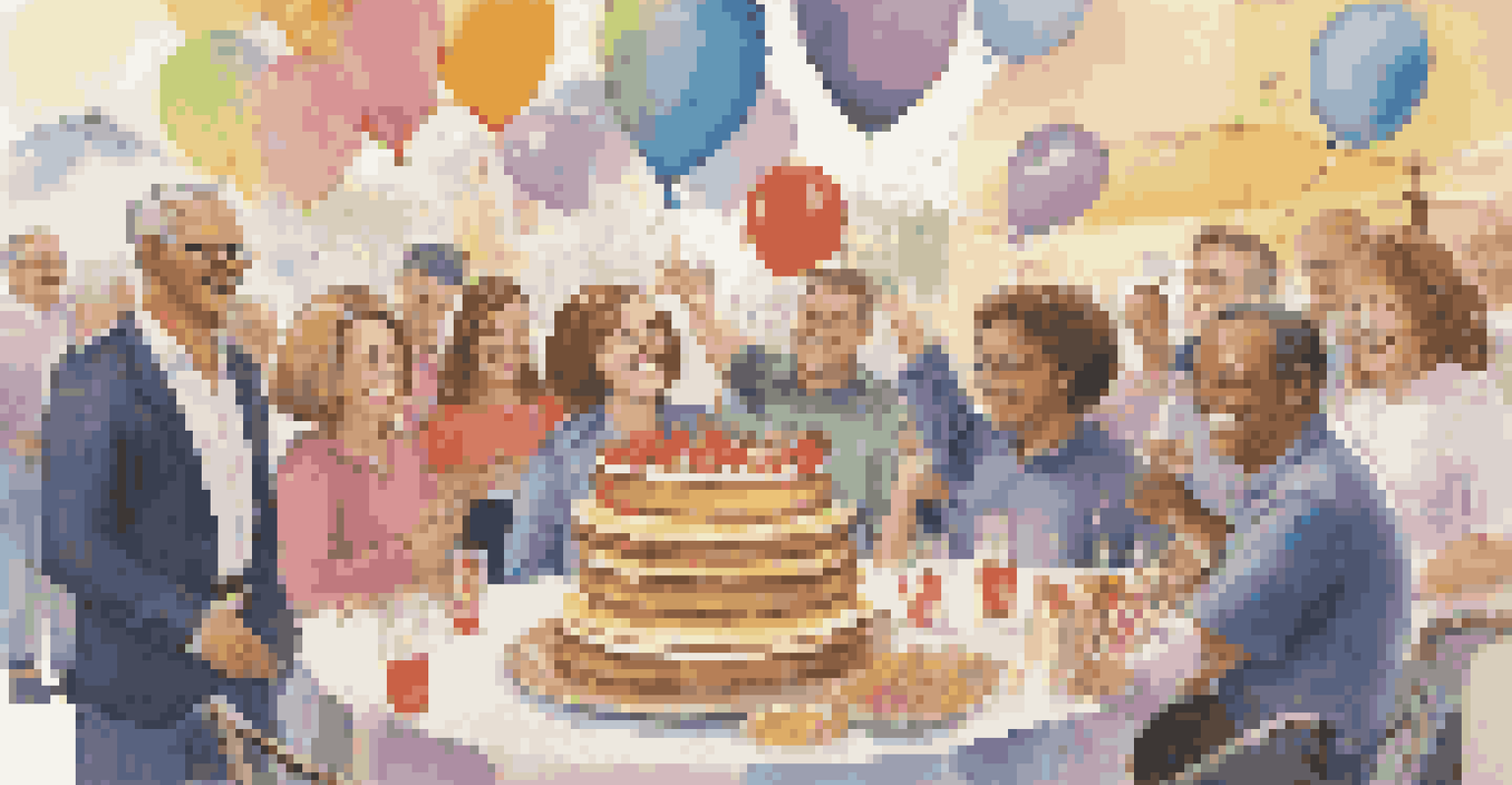 Franchisees celebrating their successes together with refreshments and a cake, surrounded by decorations and posters of achievements.