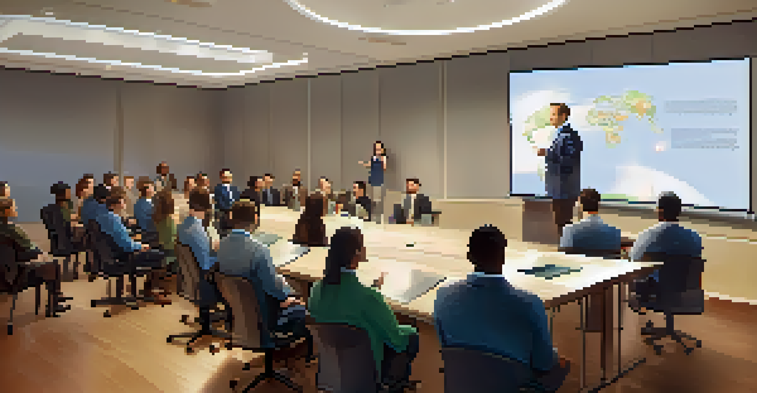A team leader giving an inspiring speech to a group in a conference room, creating a motivating atmosphere.