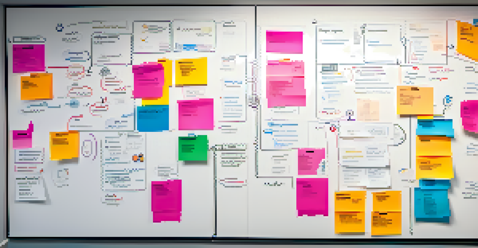 An abstract view of a business model canvas on a whiteboard filled with colorful sticky notes and diagrams.