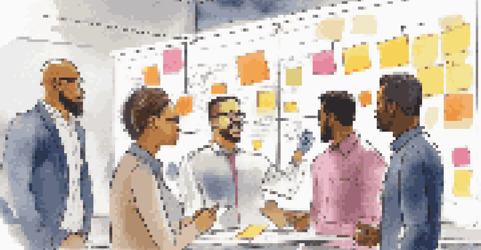 A diverse group of employees brainstorming together in a modern office, with a whiteboard filled with post-it notes.