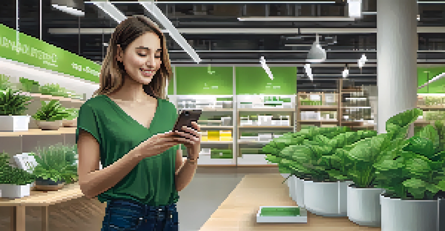 A woman using a sustainable shopping app in an eco-friendly store filled with plants and recycled materials.
