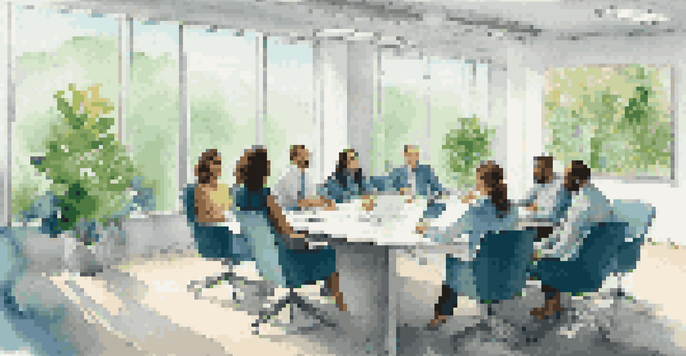 A diverse group of employees in a bright office meeting room, collaborating around a conference table with enthusiasm.