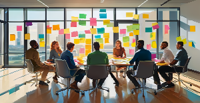 A diverse group of professionals brainstorming in a bright conference room with sticky notes and sketches.